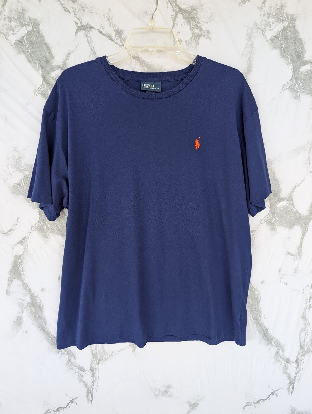 Vintage Polo Ralph Lauren Mens Navy Orange Pony Cotton Crew Neck T Shirt Large